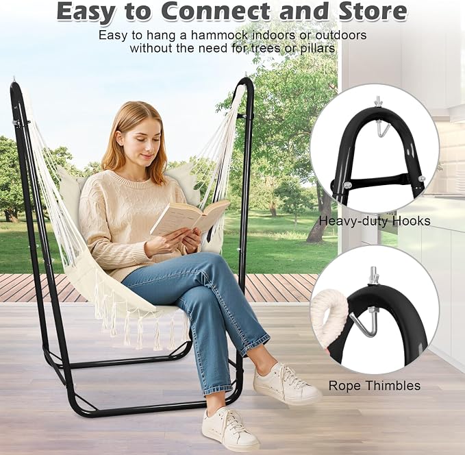 Hammock Chair with U Shape Stand, Cotton Swing Chair with Side Pocket, - Image 5