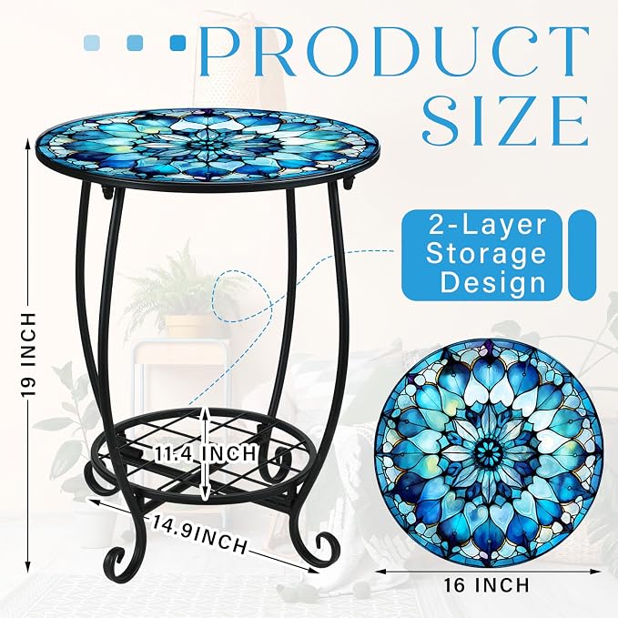 Outdoor Side Table Round Small Mosaic Patio Accent Indoor End Plant Coffee Tea - Image 3