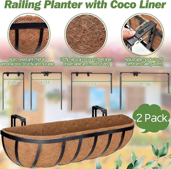 ZeeDix 24 Inch Railing Planter Box, 2 Pack Metal Window Boxes - Image 2