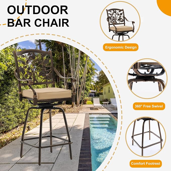 3-Piece Outdoor Bar Height Dining Set, Cast Aluminum Swivel Bar Stools - Image 3