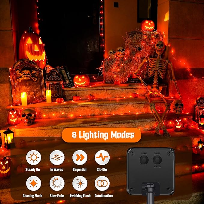 JMEXSUSS 2 Pack Solar Halloween Lights, 33ft 100 LED Orange Halloween Lights - Image 6