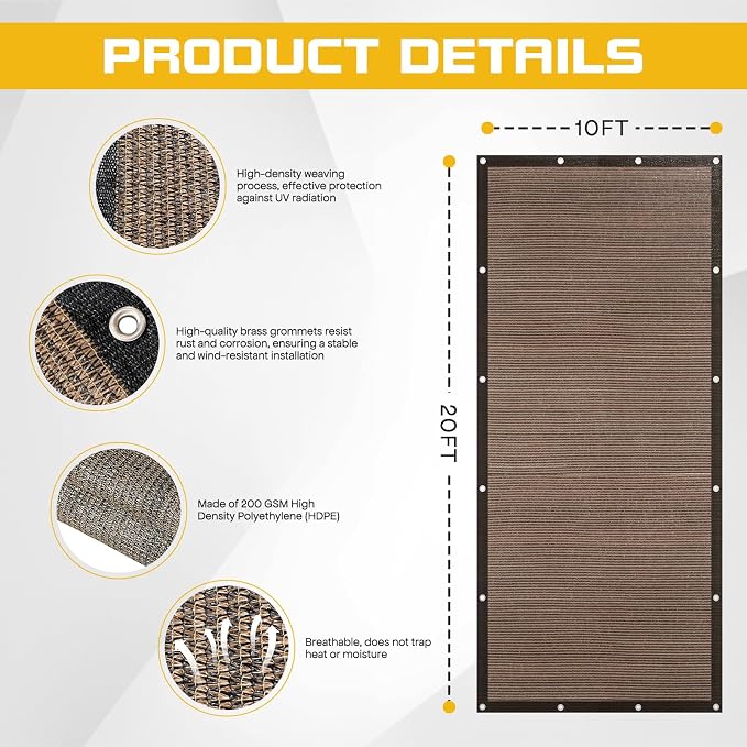 10'x 20' Sun Shade Cloth with Bungee Balls, Mocha Outdoor Pergola Shade Cover - Image 3