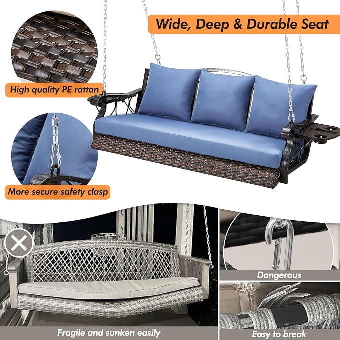 Heavy Duty 900 LBS Porch Swing Chair 3-Person Outdoor Rattan Patio Swing Lounge - Image 2