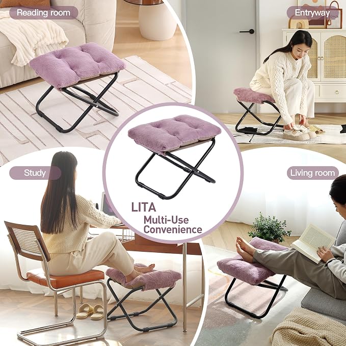 LITA Folding Footrest Stool, Portable Ottoman Foot Rest, Upholstered Small - Image 6