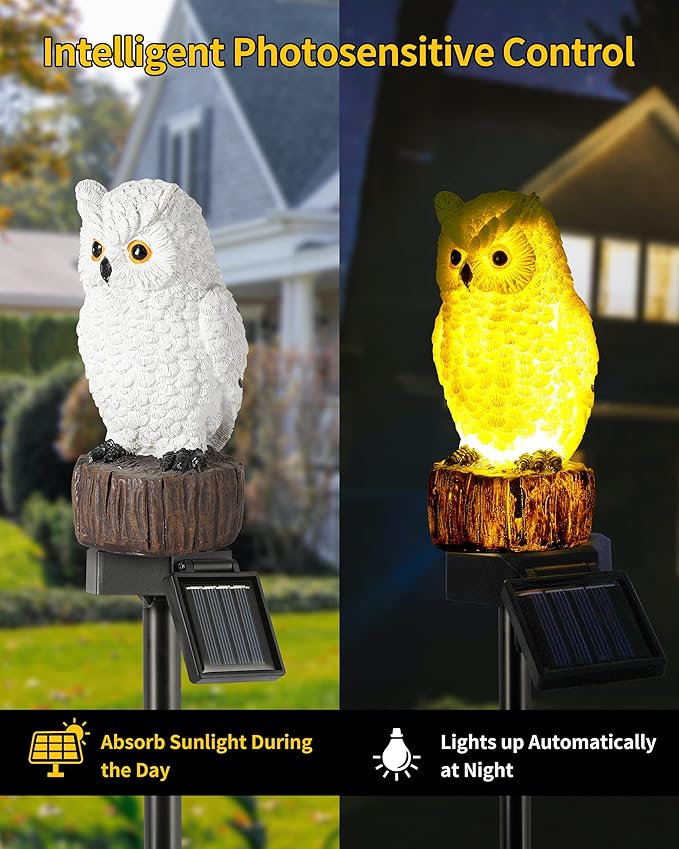 iStatue Solar Owl Garden Stake Lights, Realistic Resin Owl Outdoor Decor - Image 2