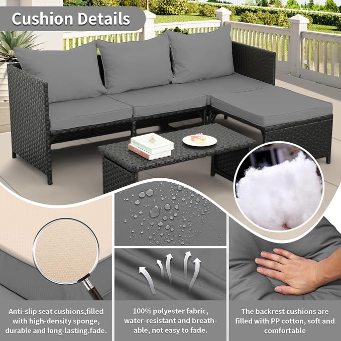 Valita 3-Piece Outdoor PE Rattan Furniture Set Patio Black Wicker Conversation - Image 7