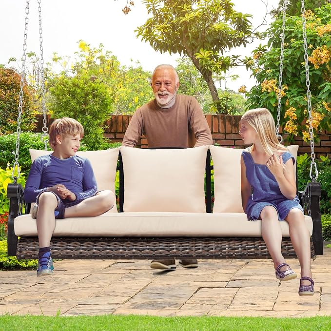 3-Person Wicker Porch Swing Chair Heavy Duty 900 LBS Outdoor Rattan Patio Swing - Image 7