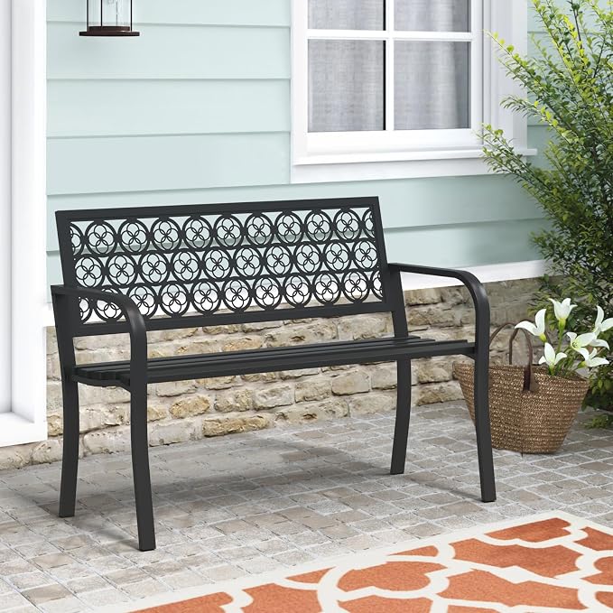 50" Outdoor Bench, Metal Weatherproof Garden Bench Cast Iron Heavy-Duty Patio - Image 6