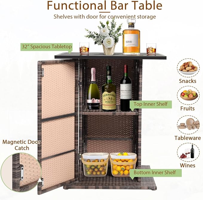 HAPPYGRILL 5 Pieces Rattan Bar Set, Outdoor Wicker Bar Table and 4 Bar Stools - Image 4