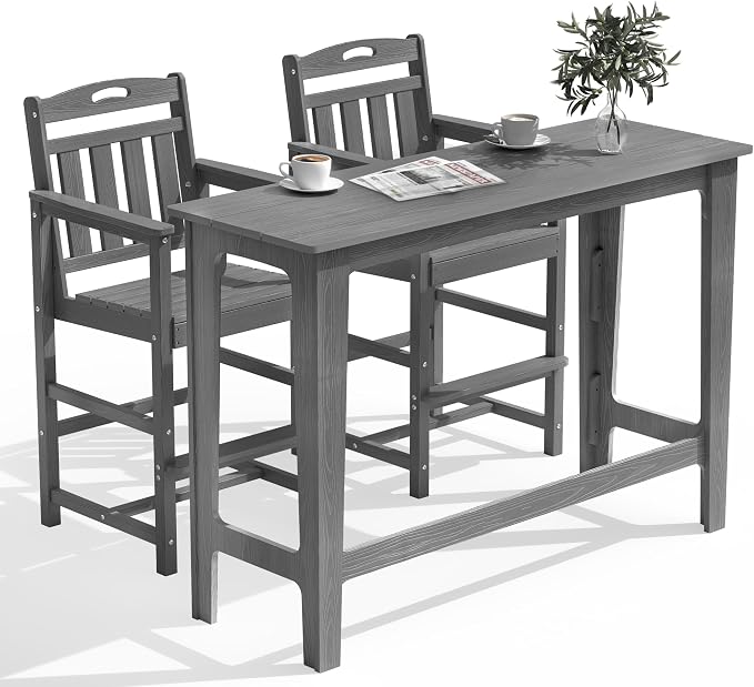 Outdoor Patio Bar Height Table and Tall Adirondack Chairs Set of 2, All-Weather by Suunyn