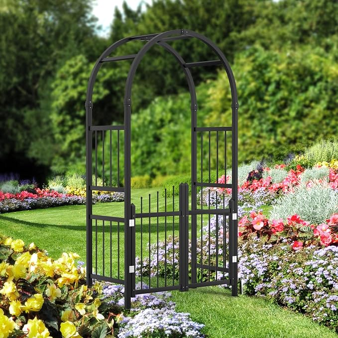 VINGLI Garden Arbor with Gate, PVC Frame Trellis Garden Arch - Image 2