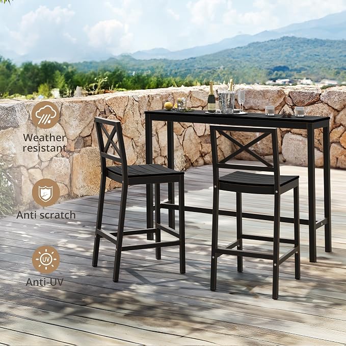 Outdoor Bar Height Table and Chairs Set, 3 Piece Black Top and Bronze Leg Patio - Image 8