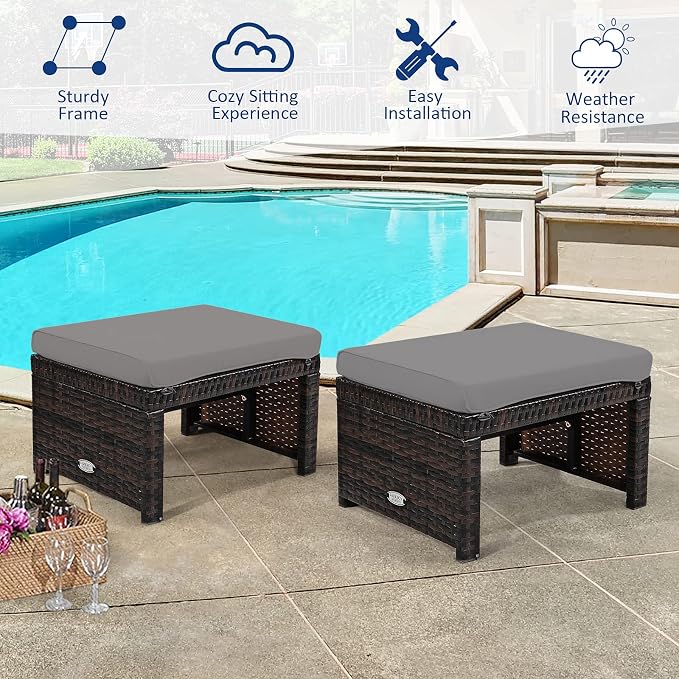Tangkula 2 Pieces Patio Rattan Ottomans, All Weather Outdoor Footstool Footrest - Image 9