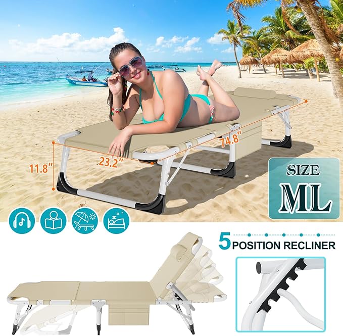ABORON Sun Tanning Chair, 3 in 1 5 Positions Adjustable Heavy Duty Folding - Image 5