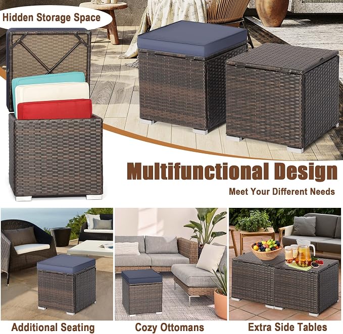 MEDIMALL Patio Wicker Ottoman Set of 2, Rattan Side Table w/Storage, Footstool - Image 5