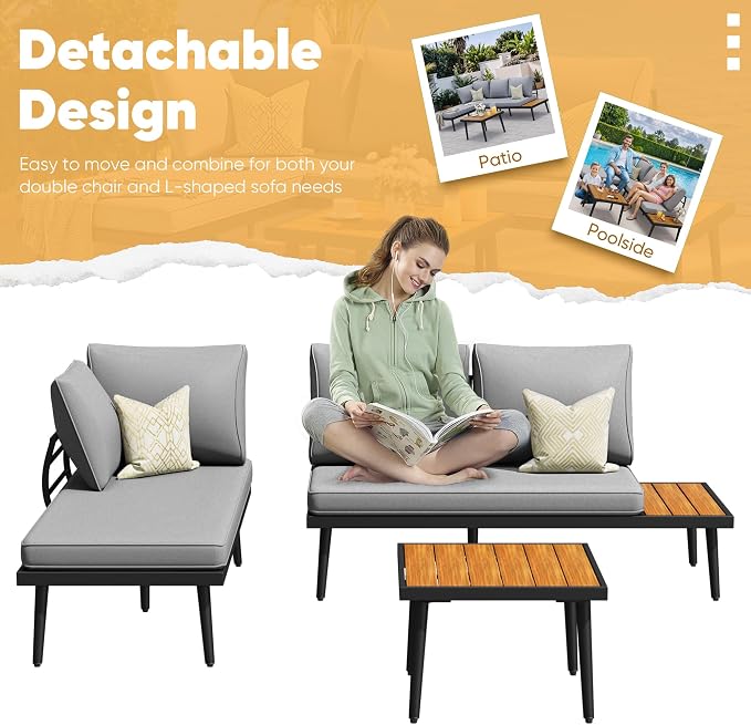 Greesum Outdoor Sectional Sofa Set L-Shaped Metal Patio Furniture - Image 6