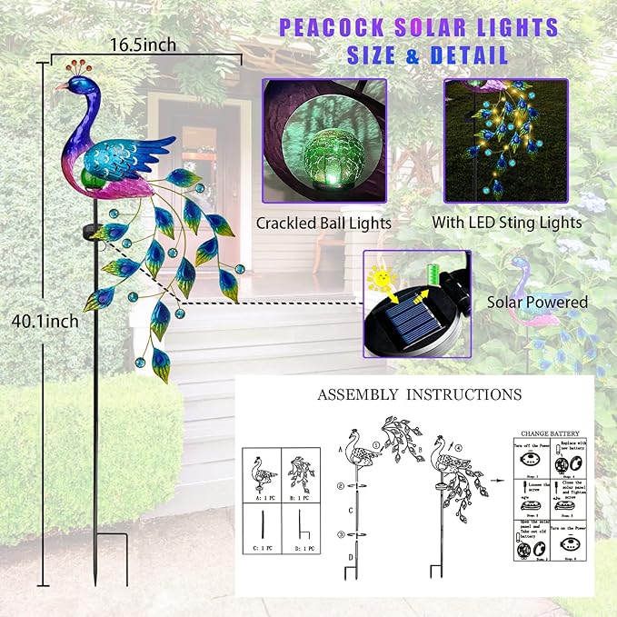 DREAMSOUL Peacock Solar Garden Lights Outdoor Decorative Stake, Waterproof - Image 6
