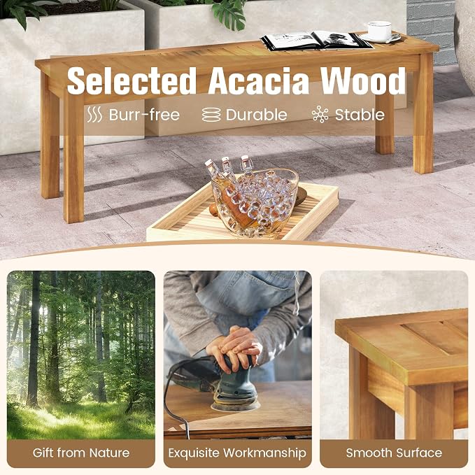 COSTWAY Outdoor Bench, 52” Backless Acacia Wood Narrow Bench - Image 4