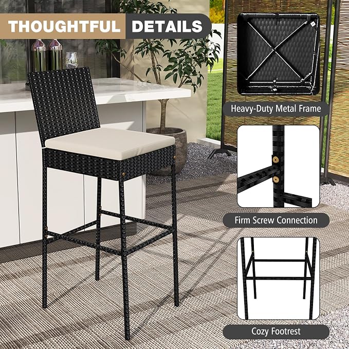 HAPPYGRILL Wicker Patio Barstools Set of 2, Outdoor Rattan Bar Chairs - Image 8