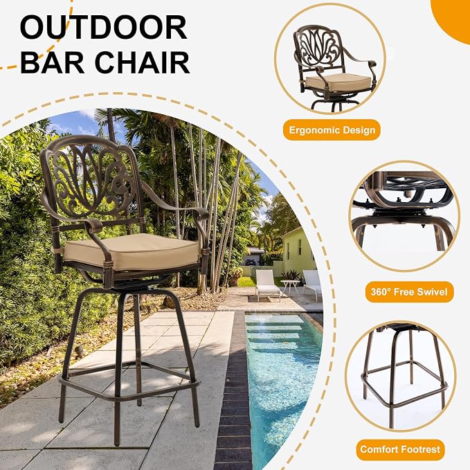 3-Piece Cast Aluminum Outdoor Bar Set, 31.5" Round High Top Patio Table & 2 - Image 4
