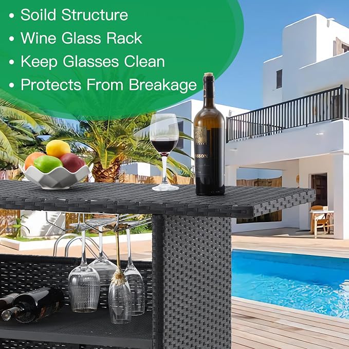 ECOTOUGE Black Wicker Bar Table, Outdoor Patio Console Table Serving Table - Image 6