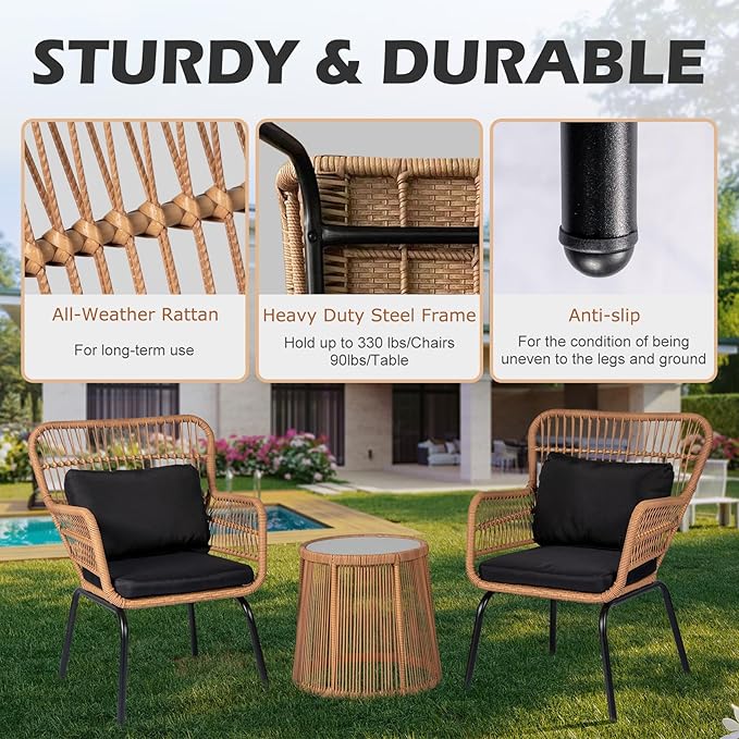 3 Piece Outdoor Wicker Furniture Bistro Set, Rattan Chairs Conversation Sets - Image 2