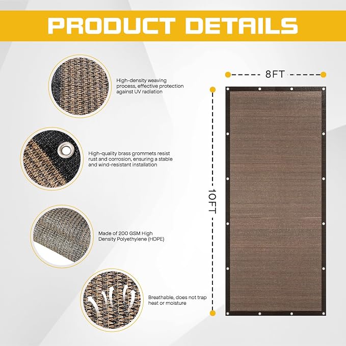 8'x 10' Sun Shade Cloth, Mocha Outdoor Pergola Shade Cover - Image 3