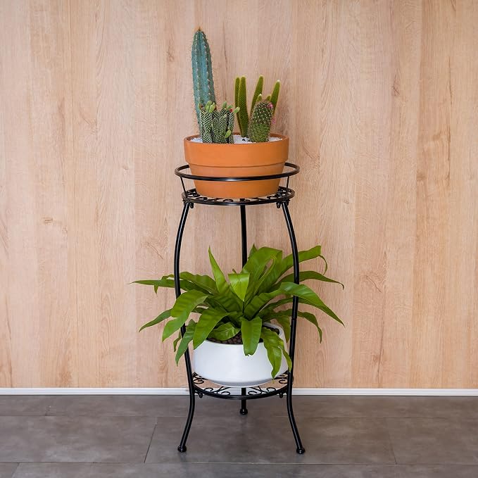 FaithLand Plant Stand, Metal Planter Holder Indoor Outdoor, 2 Tier Round Potted - Image 2