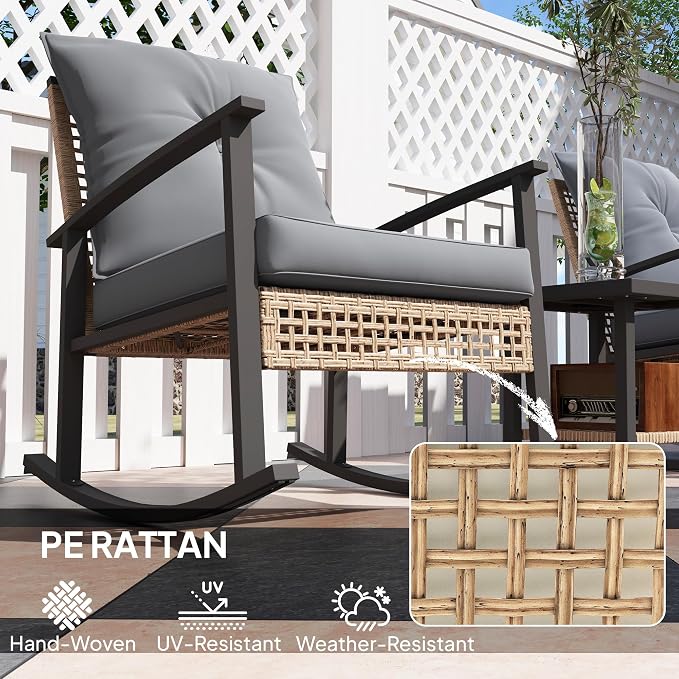 Outsunny 3 Pieces Rocking Wicker Outdoor Bistro Set, Rattan Patio Furniture Set - Image 6