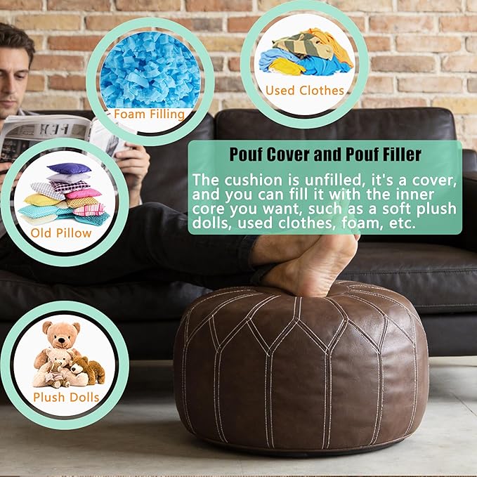 Thgonwid Unstuffed Moroccan Faux Leather Pouf Ottoman - Image 5