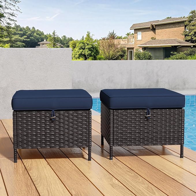 Patio Wicker Ottomans with Removable and Washable Covers, PE Rattan Outdoor - Image 2