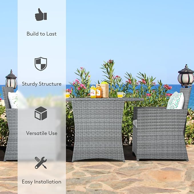 Tangkula 3 Pieces Patio Dining Set, Patiojoy Space-Saving PE Rattan Bistro Set - Image 4