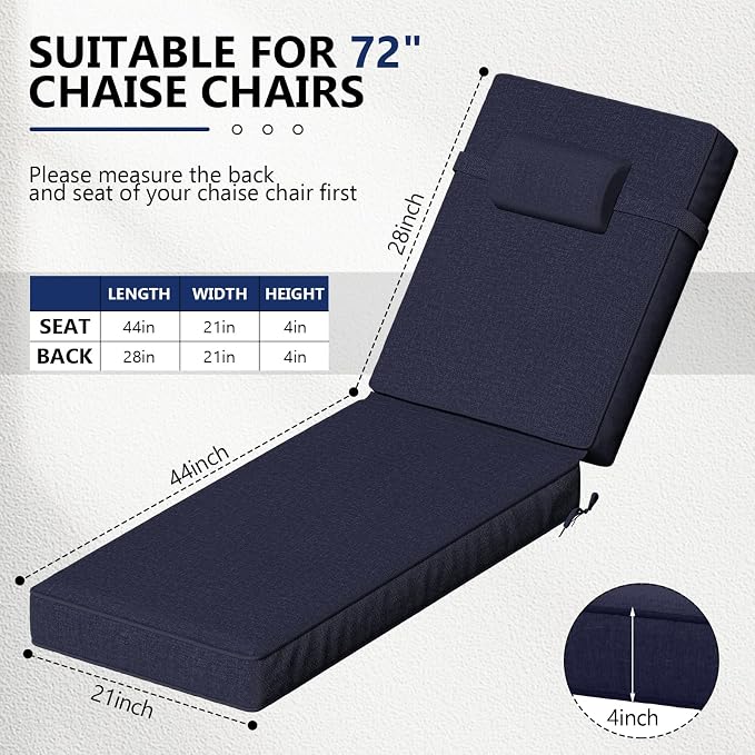 72 x 21 x 4 Inch Olefin Chaise Lounge Cushions, Lounge Chair Cushions - Image 2