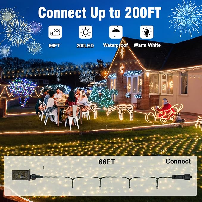 Nisocy 200 LED Christmas Connectable String Lights Outdoor Waterproof – Warm - Image 2