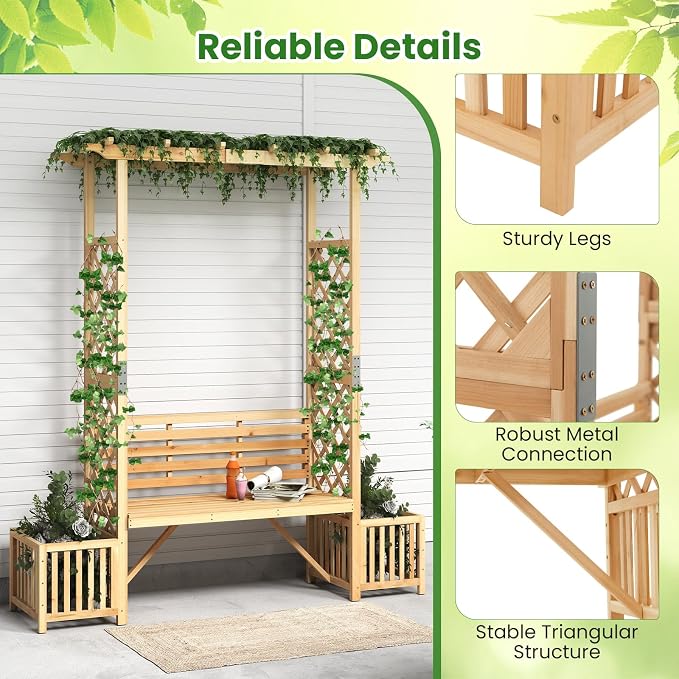 Giantex Outdoor Bench with Garden Arbor & 2 Planter Boxes, Wooden Trellis - Image 8