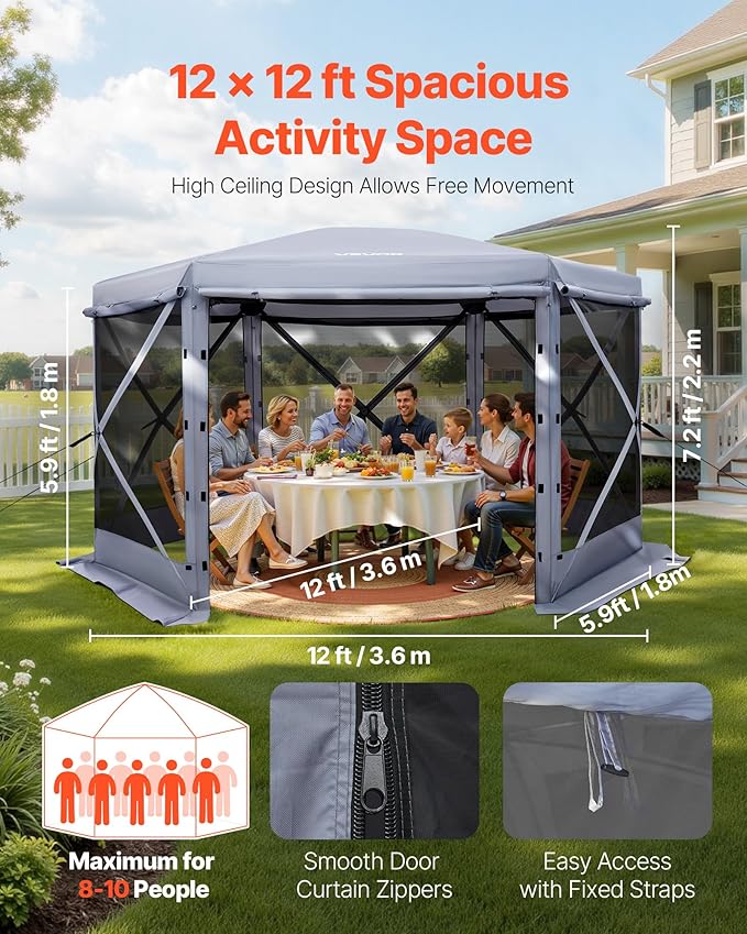 VEVOR Pop up Gazebo Screen Tent, 12 x 12 ft Large 6-Sided Camping Canopy Tent - Image 2