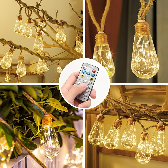 Solar String Lights Outdoor, 26 Ft Vintage Rope Hemp Solar Patio Lights - Image 6
