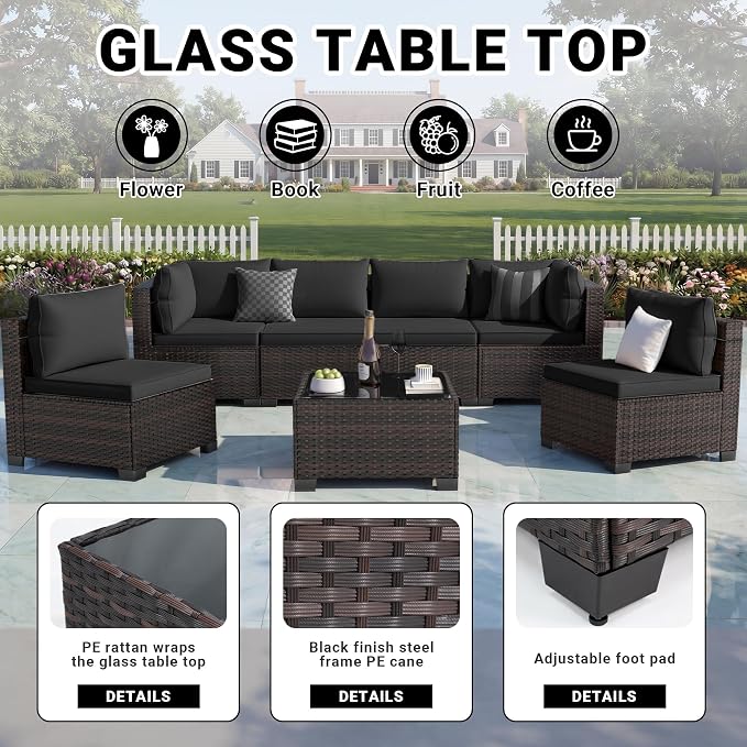 LEVELEVE 7 Pieces Outdoor Patio Furniture Sets, Rattan Conversation Sectional - Image 5