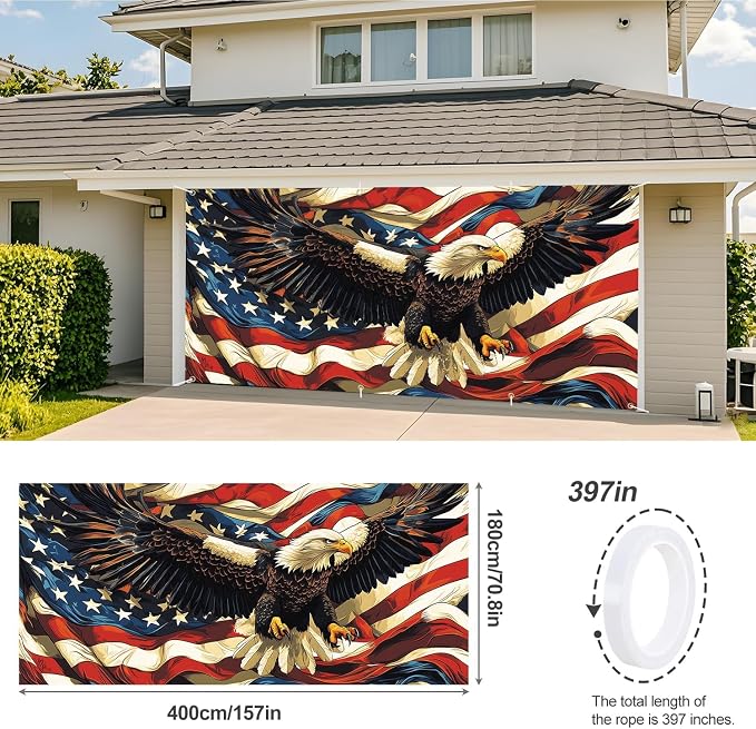 ANNA QUEEN American Flag Garage Door Banner 6x13FT, Bald Eagle USA Flag Garage - Image 3
