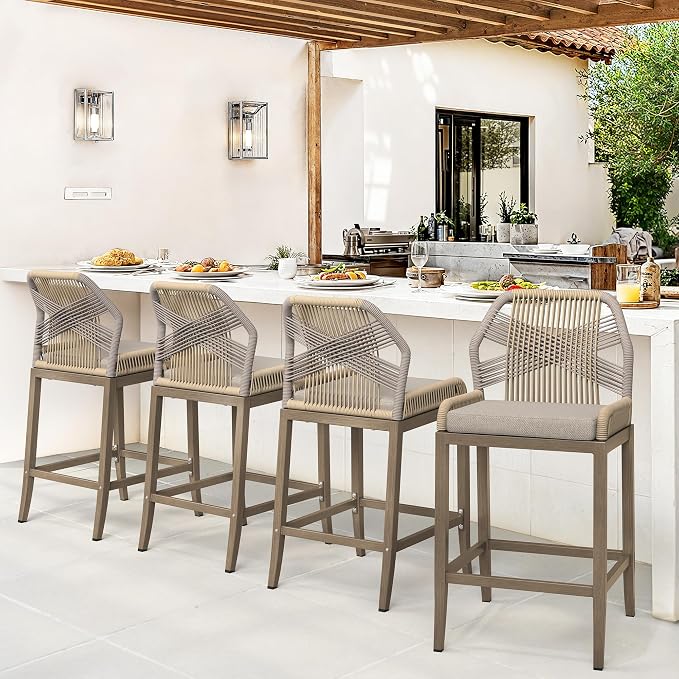 Outdoor Bar Stools, Rattan Outdoor Counter Height Bar Stools Set of 4, 26.5" H by COZYMAN