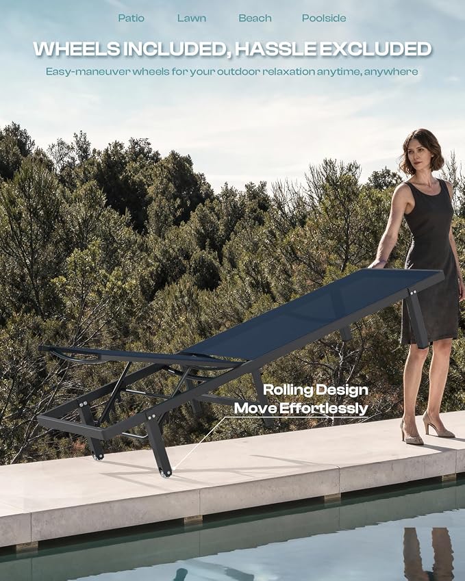 Lounge Chair Outdoor with Wheels, Aluminum Patio Chaise Lounge Chair with 5 - Image 3
