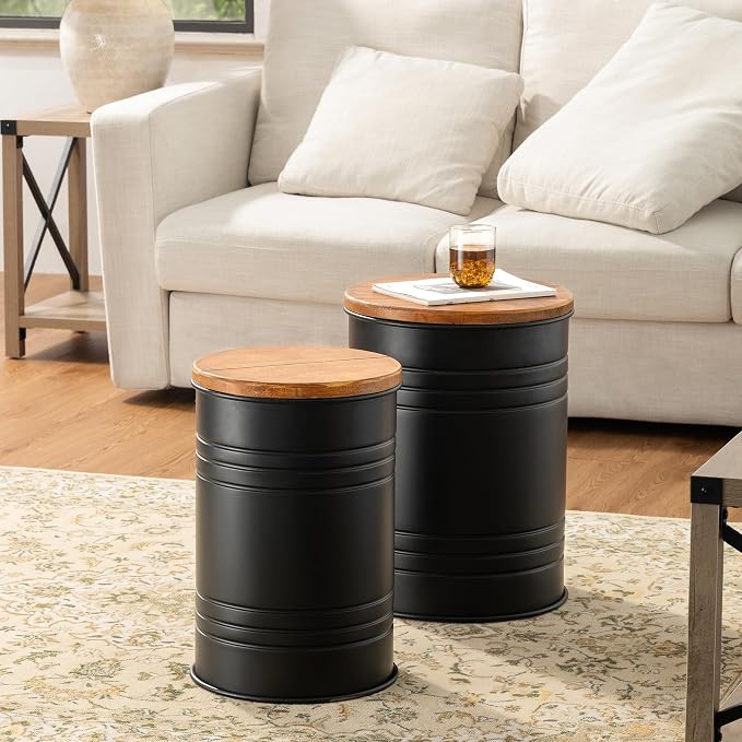 Glitzhome Rustic End Table Set of 2, Farmhouse Galvanized Metal Barrel Ottoman by Glitzhome