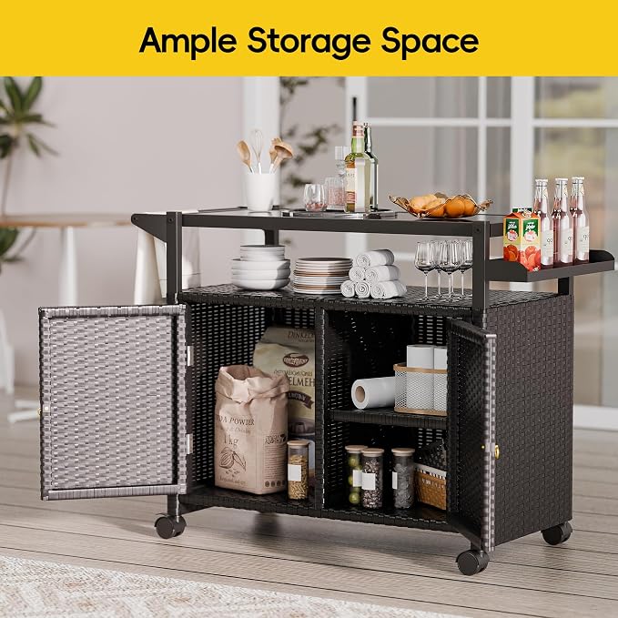 MU Outdoor Bar Cart with Storage and Wheels, Outdoor Bar Table with Tempered - Image 3