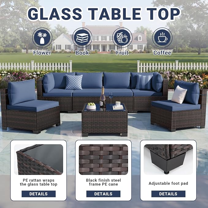 LEVELEVE 7 Pieces Outdoor Patio Furniture Sets, Rattan Conversation Sectional - Image 5