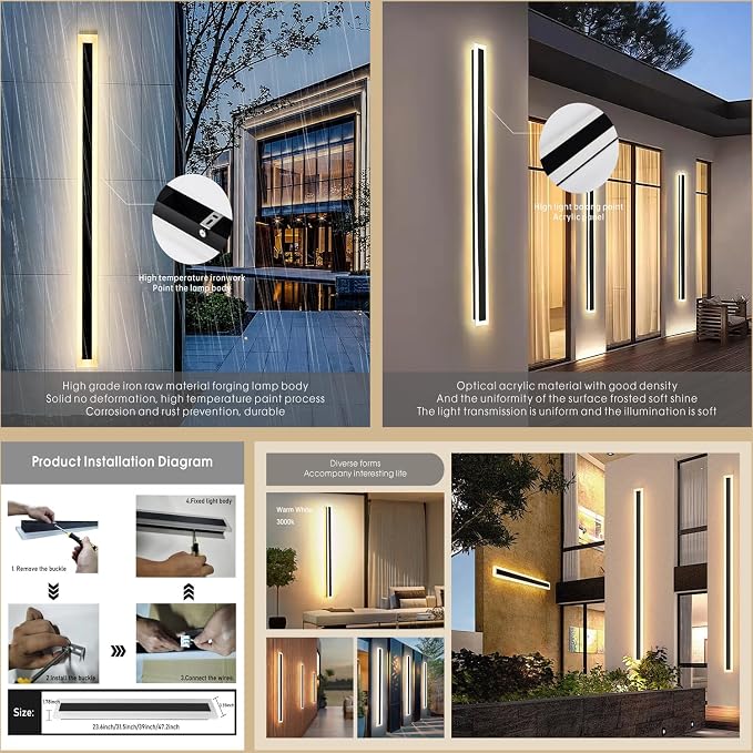 2Pack 71inch Long Outdoor Modern LED Wall Light, 55W Waterproof IP65 Warm White - Image 6