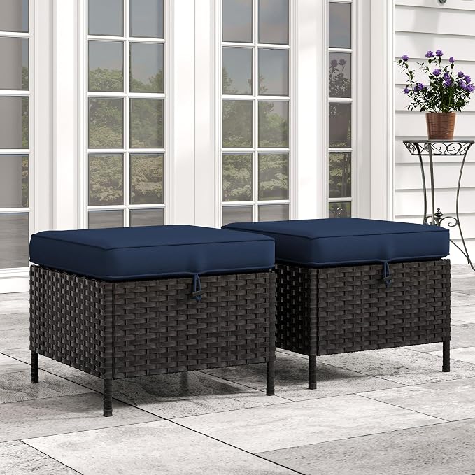 Patio Wicker Ottomans with Removable and Washable Covers, PE Rattan Outdoor by Meetleisure-LeisureLiving