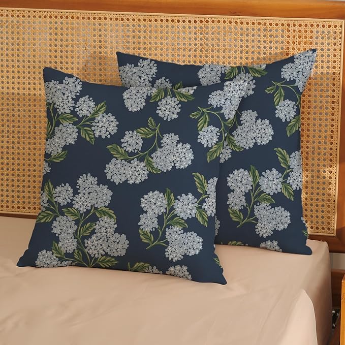Navy Blue Spring Pillow Covers 22x22 Inch 2 Pcs Blue Green Hydrangea Flower - Image 2