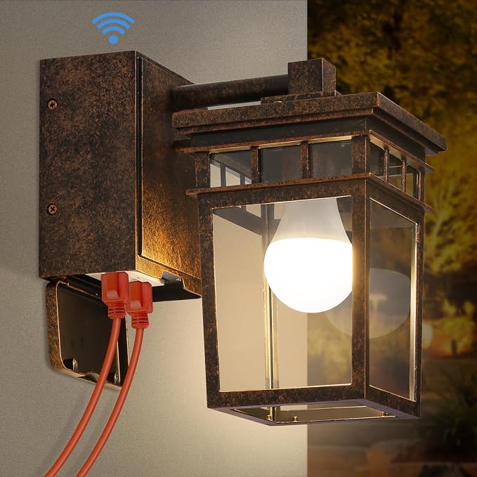 Porch Light with GFCI Outlet, Dusk to Dawn Outdoor Lighting with Aluminum Frame by FANDBO