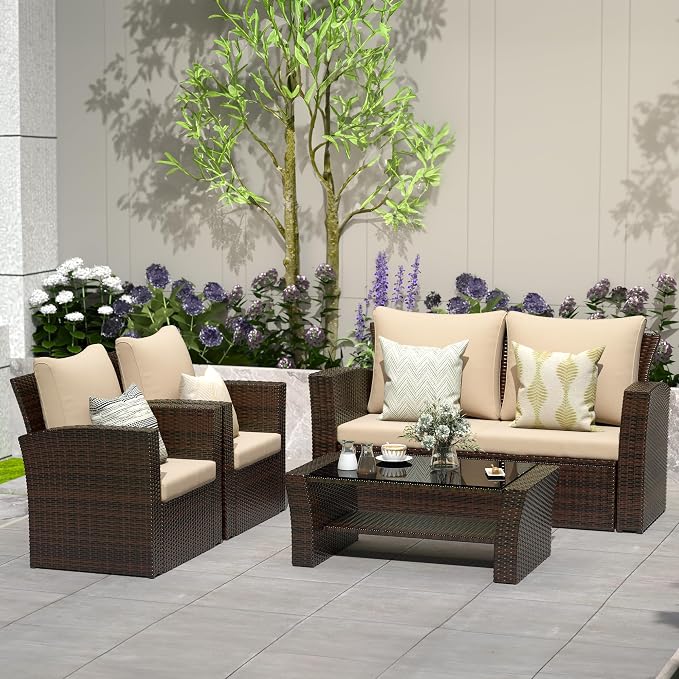Solaste 4 Piece Patio Outdoor Furniture Sets, Patio Conversation Sofa Wicker - Image 7