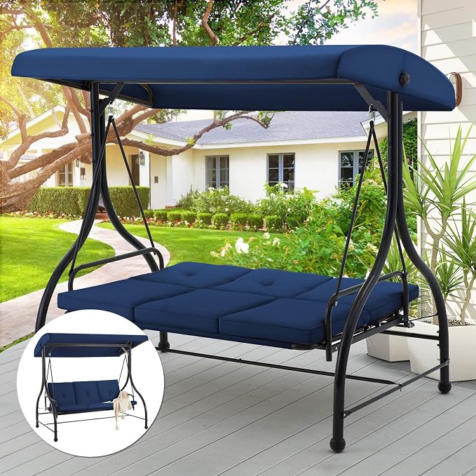 AECOJOY Porch Swing Chair, 3 Seats Porch Swing Adjustable Canopy Outdoor Swing - Image 6